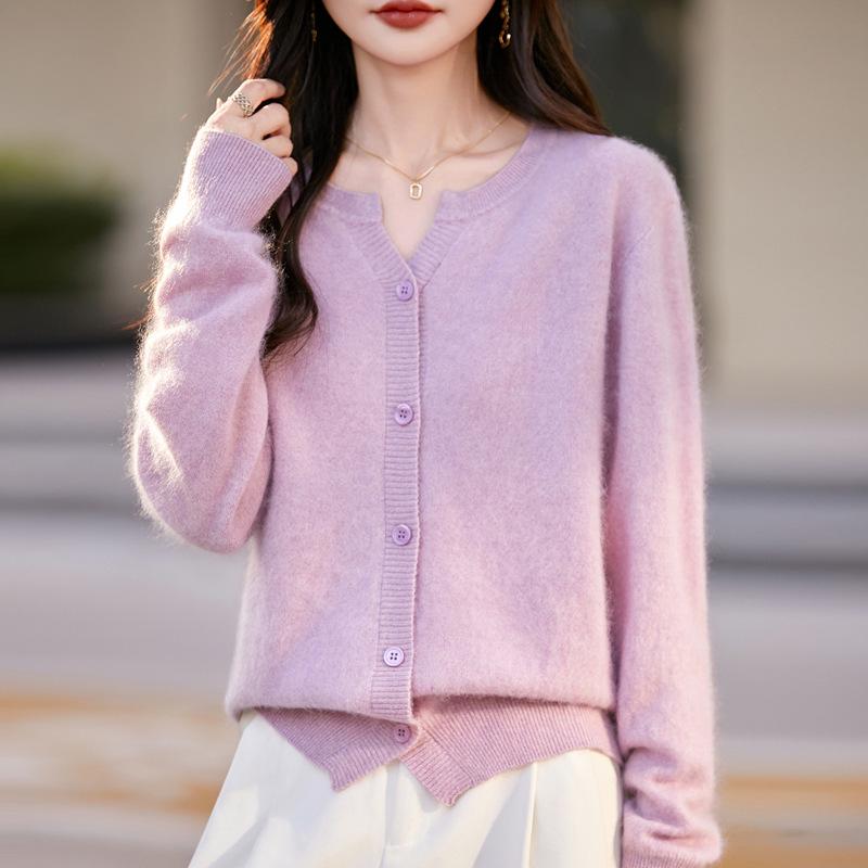 Women's Seamless 100% Pure Wool Cardigan - Round Neck, Loose Fit, Brushed Knit Sweater