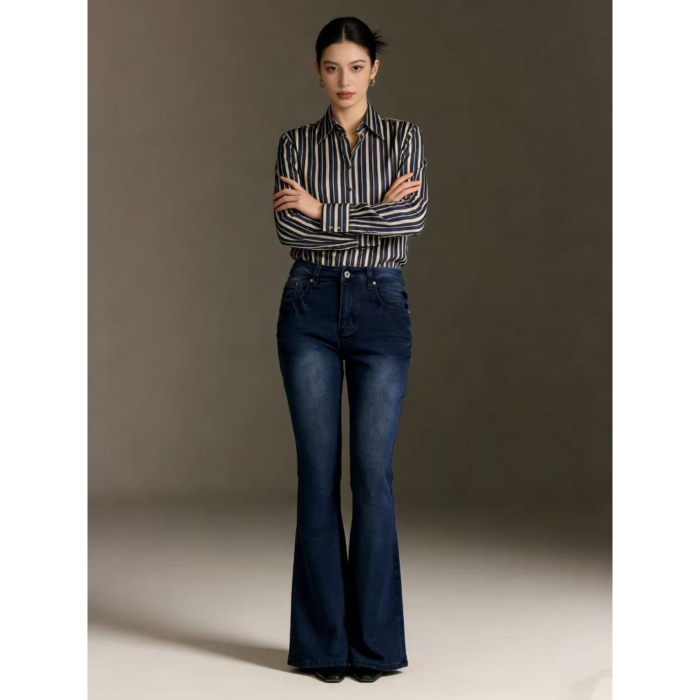 Women's Mid Rise Flare Jeans Vintage Washed Stretch Denim Bell Bottom Pants Plus Size