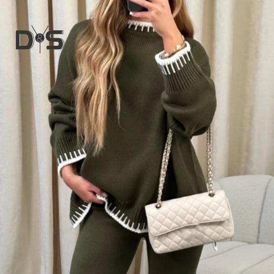 2 Pcs/Set Winter Sweater Pants Set O Neck Loose Knit Thick Long Sleeves Sweater Wide Leg Warm Trousers Daily Outfit School Homewear Sport Clothes