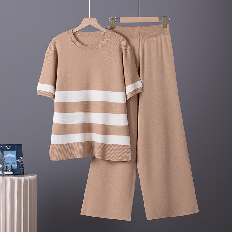 Color Block Striped Knit Top & High Waist Wide Leg Trousers Two-Piece Set