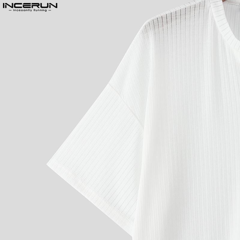 INCERUN Men Short Sleeves Solid Color See Through Casual Loose T-Shirts