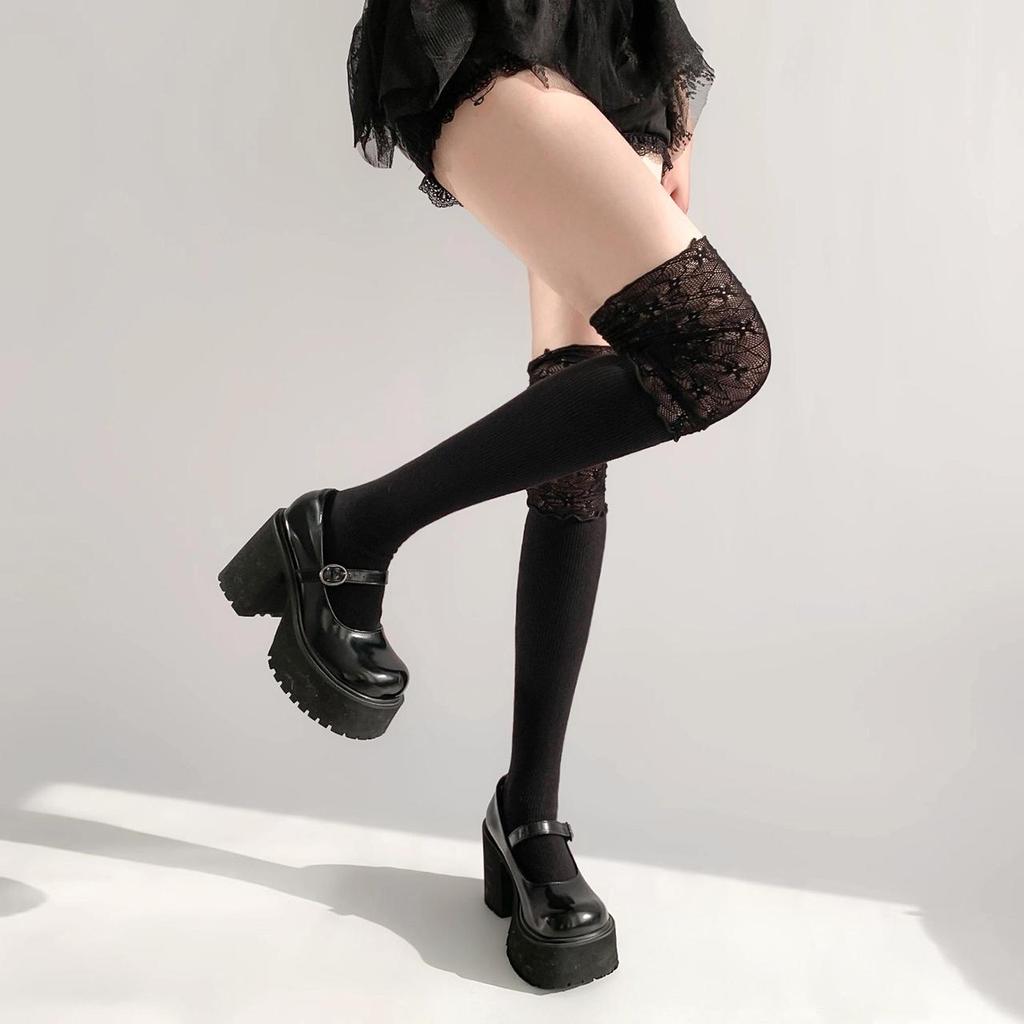 Women's Sexy Black Lace Splicing Stockings JK Lolita Lace-trimmed Spring Autumn Long Tube Socks Sweet Girls Over Knee Sock