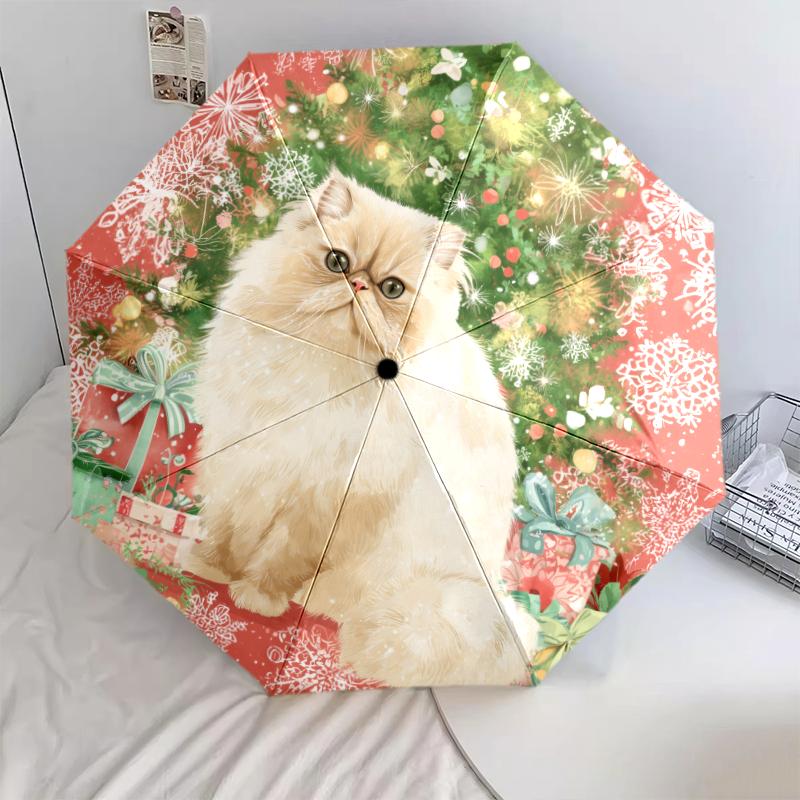Weihnachtskatze, automatischer Regenschirm, tragbares und faltbares Design, 8 Schirmstäbe, ein Weihnachts- oder Geburtstagsgeschenk.
