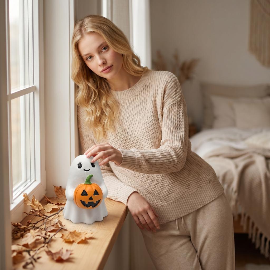 Resin Ghost Holding Pumpkin Figurine Halloween Tabletop Decoration for Home Office Party Indoor Outdoor Display