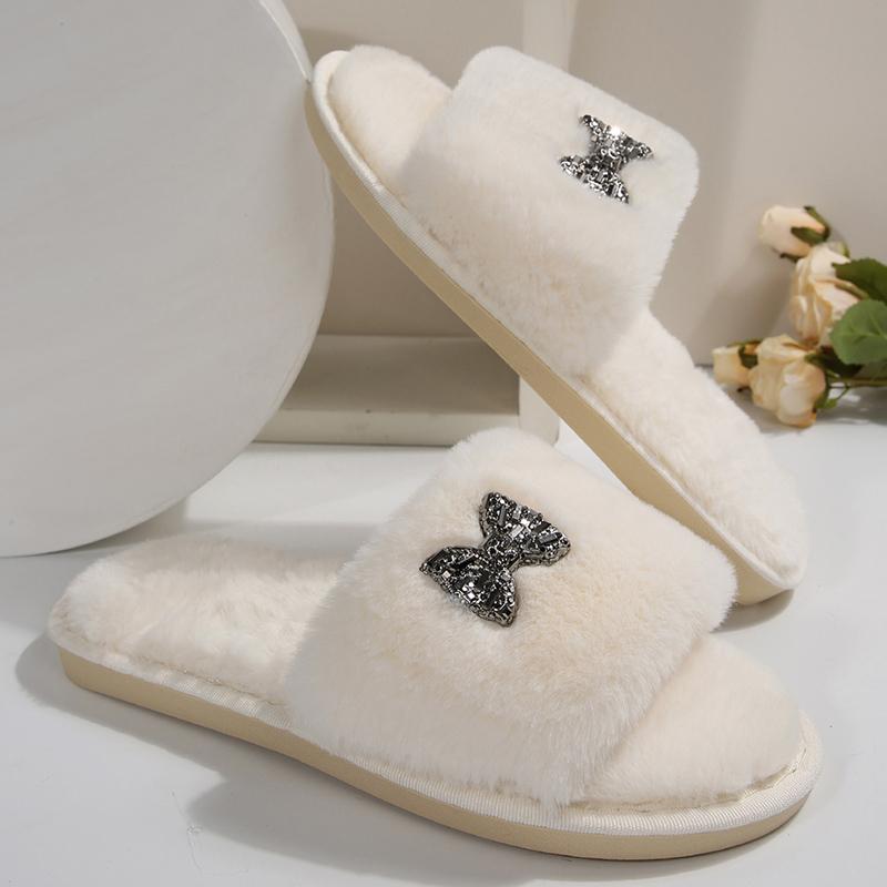 Móda Módní Mašle Detor Plyšové Pantofle Dámské Měkké Huňaté Domácí Bavlněné Pantofle Žena Otevřená Špička Protiskluzové Bavlněné Nazouváky Dámské
