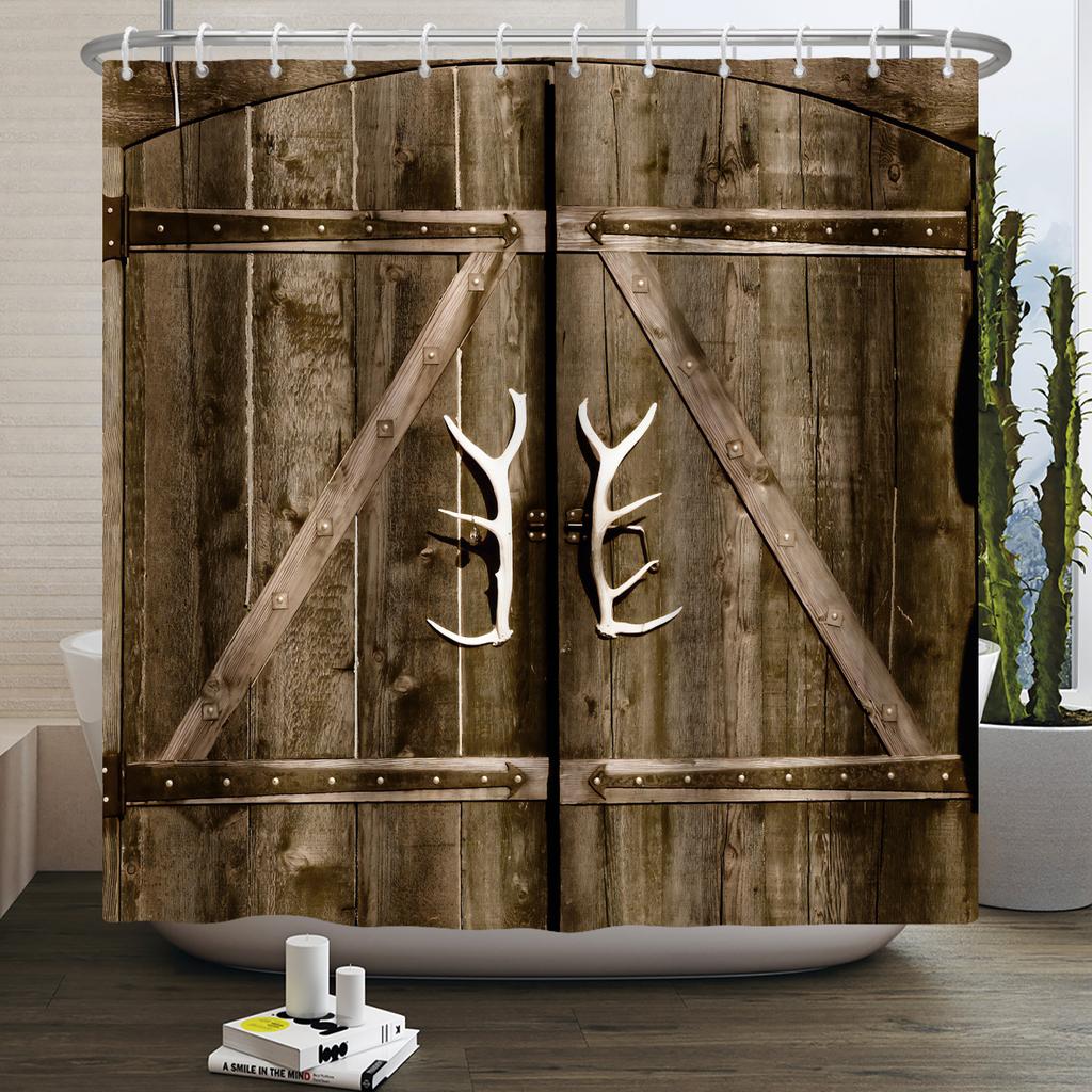Retro Wood Door Shower Curtain Farmhouse Country Vintage Farm Barn Wooden Waterproof Polyester Shower Curtain for Bathroom Decor