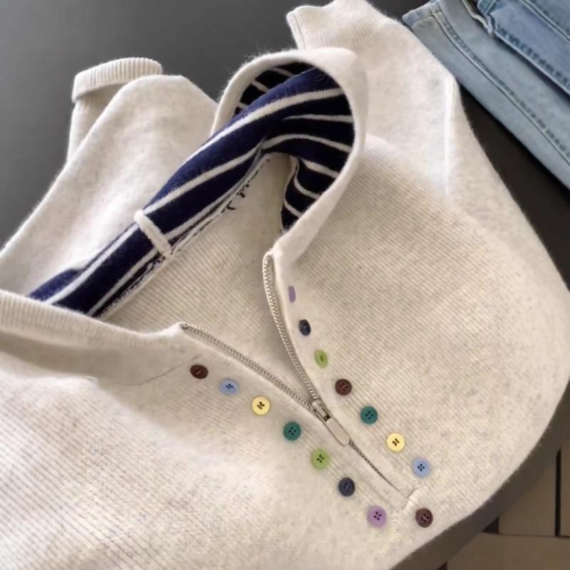 Korean Style Lazy Style Colorful Button Half Zip Hooded Sweatshirt for Women Autumn and Winter New Design Versatile Knitted Sweater