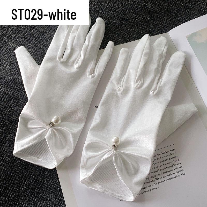 Lace Pearl Satin Bridal Gloves - Short Wedding Photo Accessory