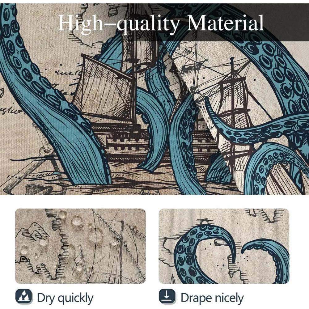 Vintage Octopus World Map Printed Shower Curtain Nautical Pirate Ship Artwork For Cool Bathroom