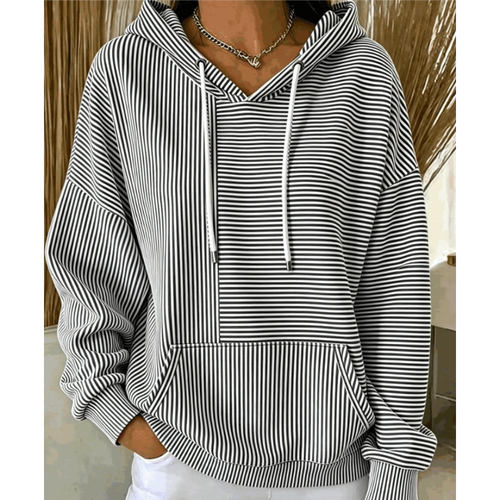 Women's V Neck Long Sleeve Striped Hoodie Casual Loose Pullover Sweatshirt for Daily Wear