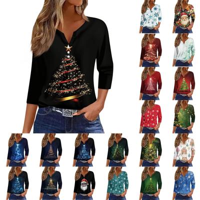 Women's T Shirt Tee Print Button 3/4 Sleeve Daily Weekend Fashion Basic V Neck Regular Top