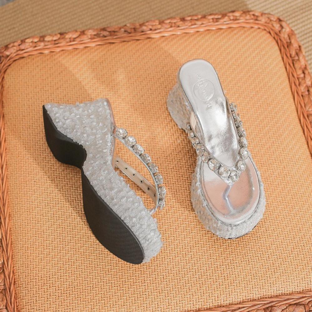 Flip Flops Damen Plateau Keilsandaletten Damen Sommer Draußen Neu Mittelhoch Absatz Strass Pailletten Fischgräten Sandalen