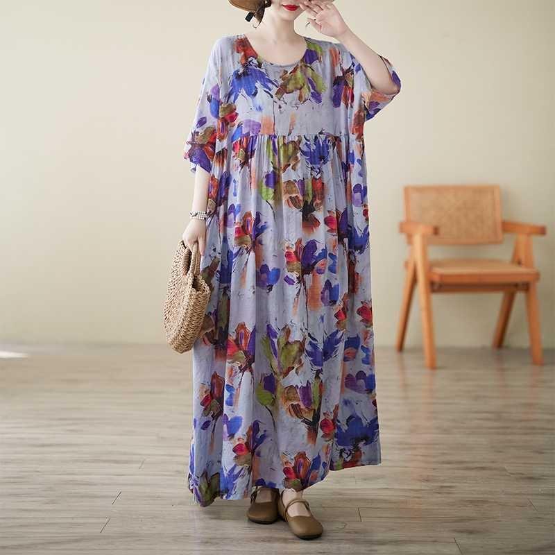 Boho Summer Dress for Women  Loose Fit V-Neck Short Sleeve Cotton Linen Maxi Dress Casual Beach Vacation Dress