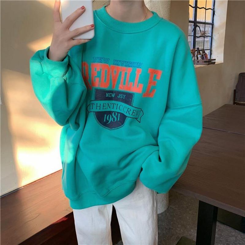 Women Long Sleeve O Neck Loose Pullovers Female Tops Solid Color Sweatshirts