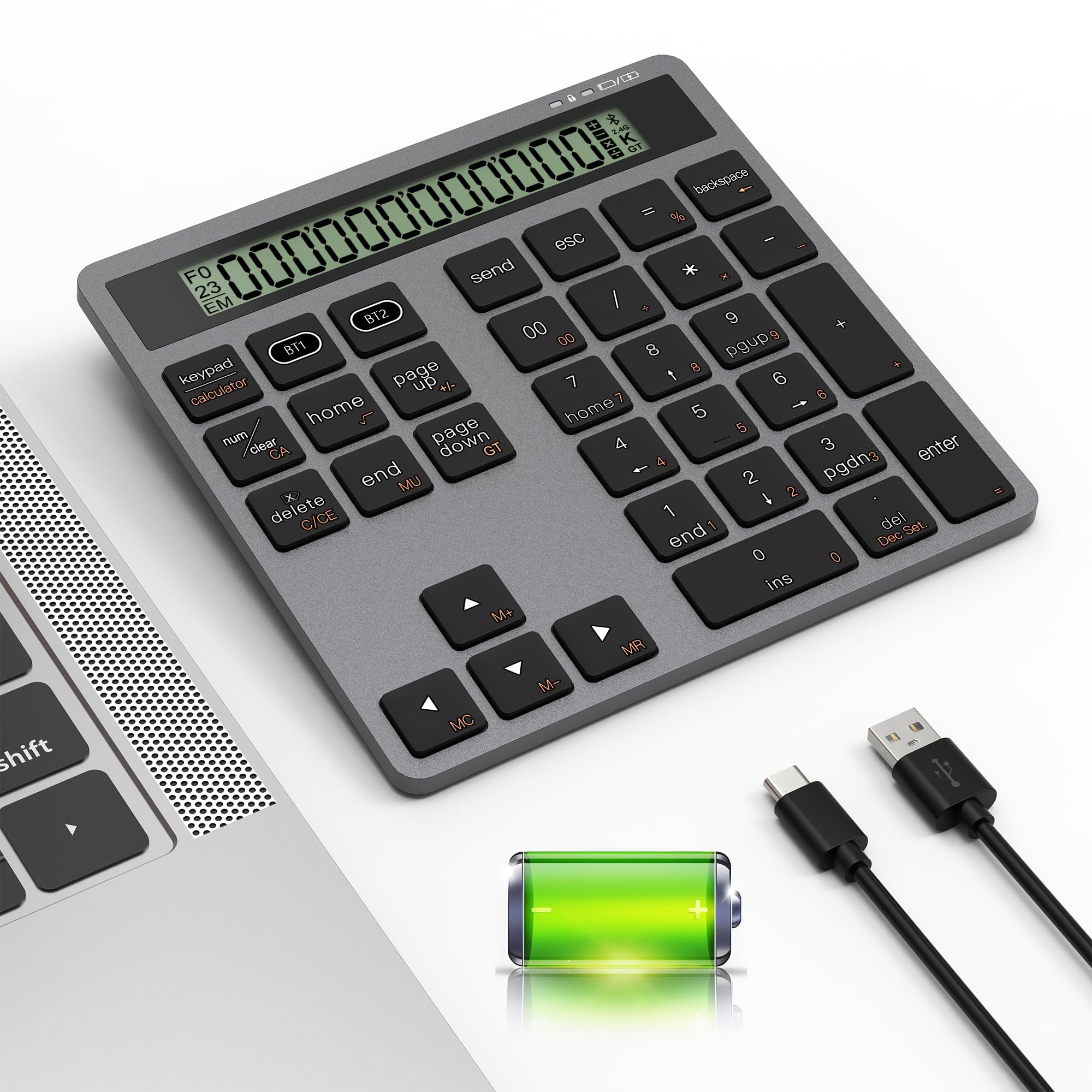 

2-in-1 Slim 34-Key External Numeric Keypad with Bluetooth Calculator, Type-C Charging, Wired and Bluetooth Wireless, Data Entry and Calculation,