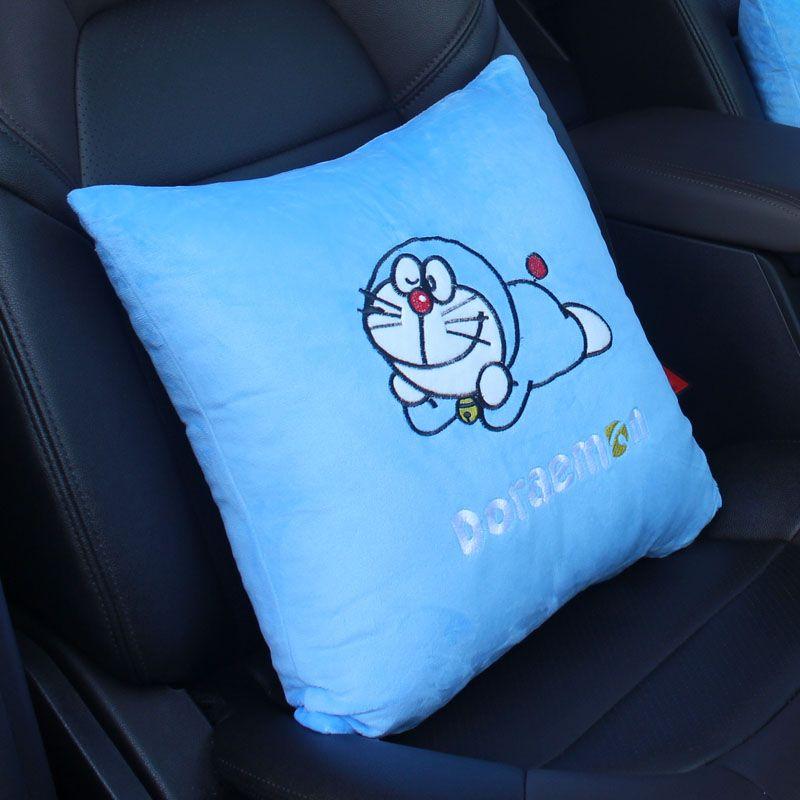 New Doraemon Cute Plush Headrest Car 2-In-1 Pillow By Car Waist Neck Pillow Steering Wheel Cover Decoration Accessories Gift