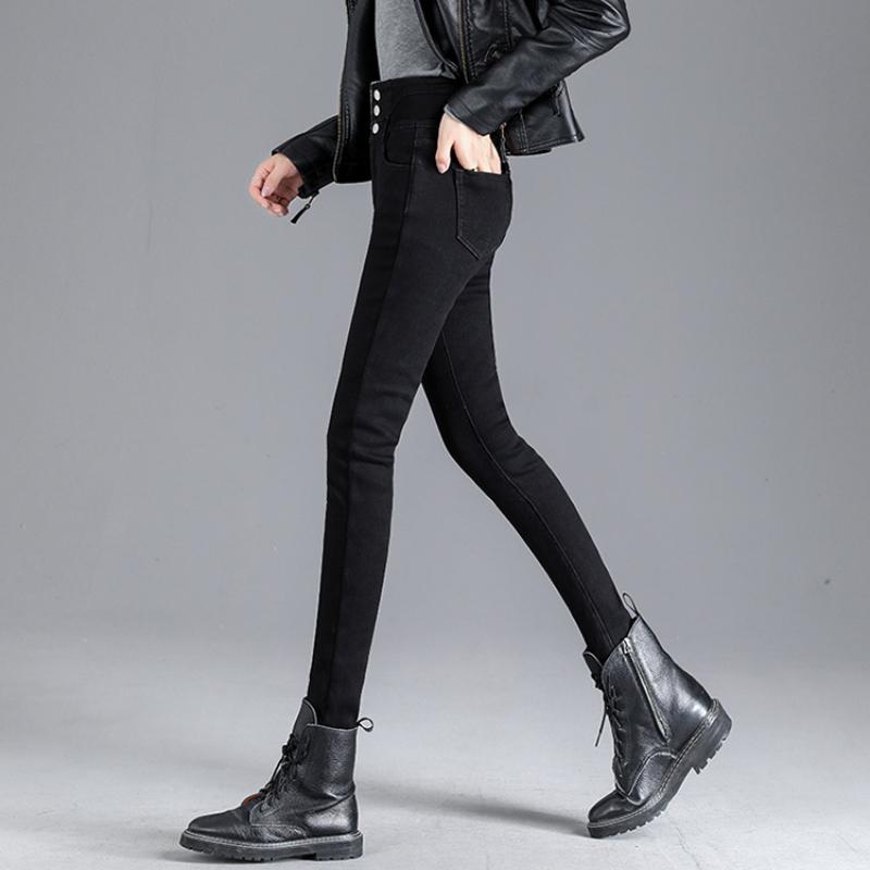 Džíny z fleecu s vysokým pasem, Dámské podzimní a zimní skinny džíny, Rovné nohavice, Přiléhavé, Zesílené a zeštíhlující tužkové kalhoty