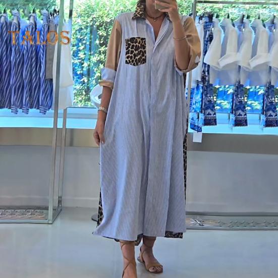 Lady Shirt Dress Leopard Print Patchwork Turn-down Collar Contrast Color Single-breasted Loose A-line with Chest Pockets Spring Fall Midi Dress