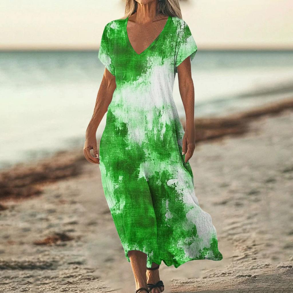 Mode Damen Sommer V-Ausschnitt Kurzarm Baumwolle und Leinen Vintage Blumendruck Strandkleid