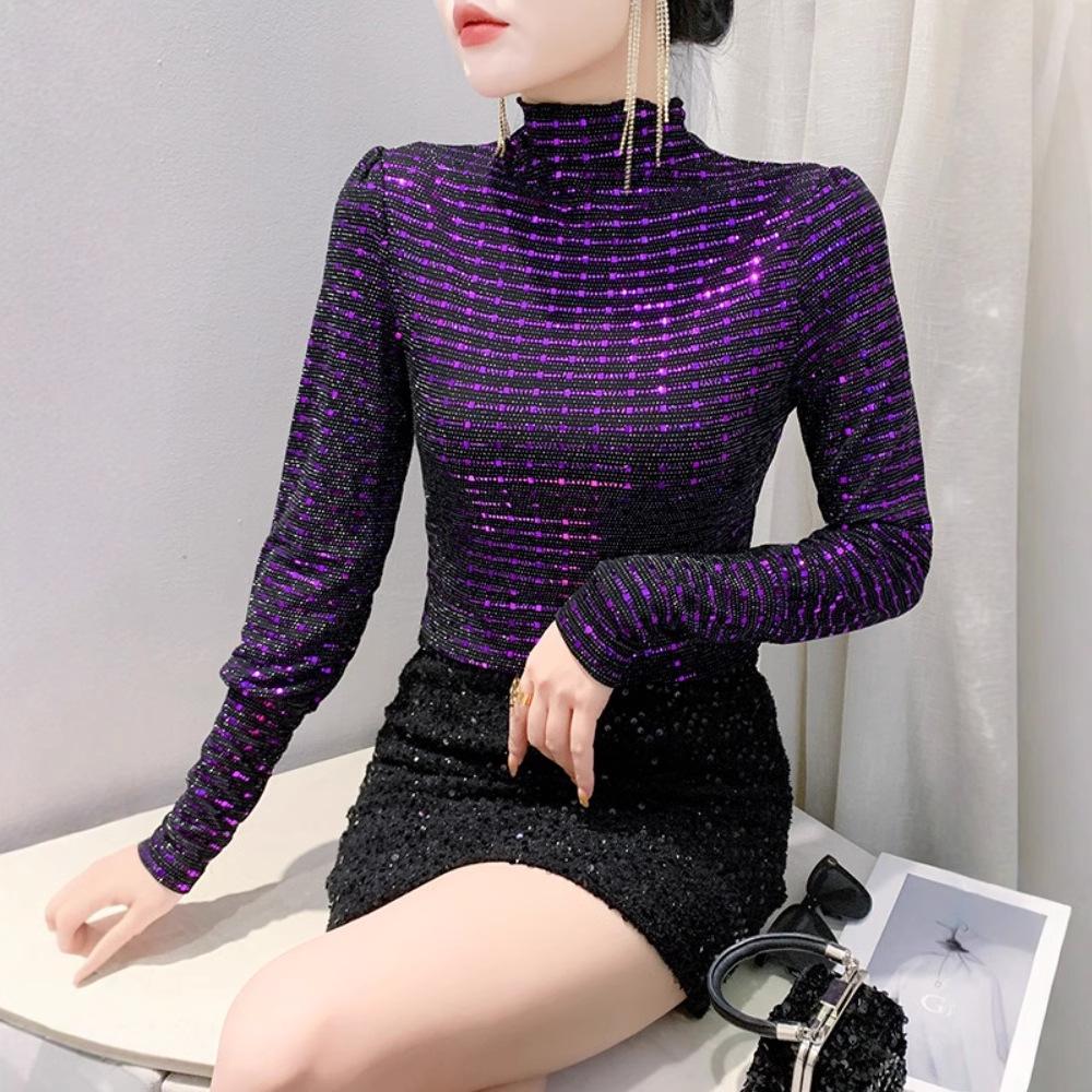 New Winter Heavy Industry Sequins Versatile Long-sleeved Base Shirt Top for Women Slim Pullover T-shirt