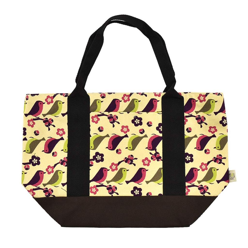 Kimono Japanese Style Bag Single Item Canvas Lunch Tote Bag Small Pattern Pongee Handbag Ladies Nightingale Beige [Nagomiya] GU-23