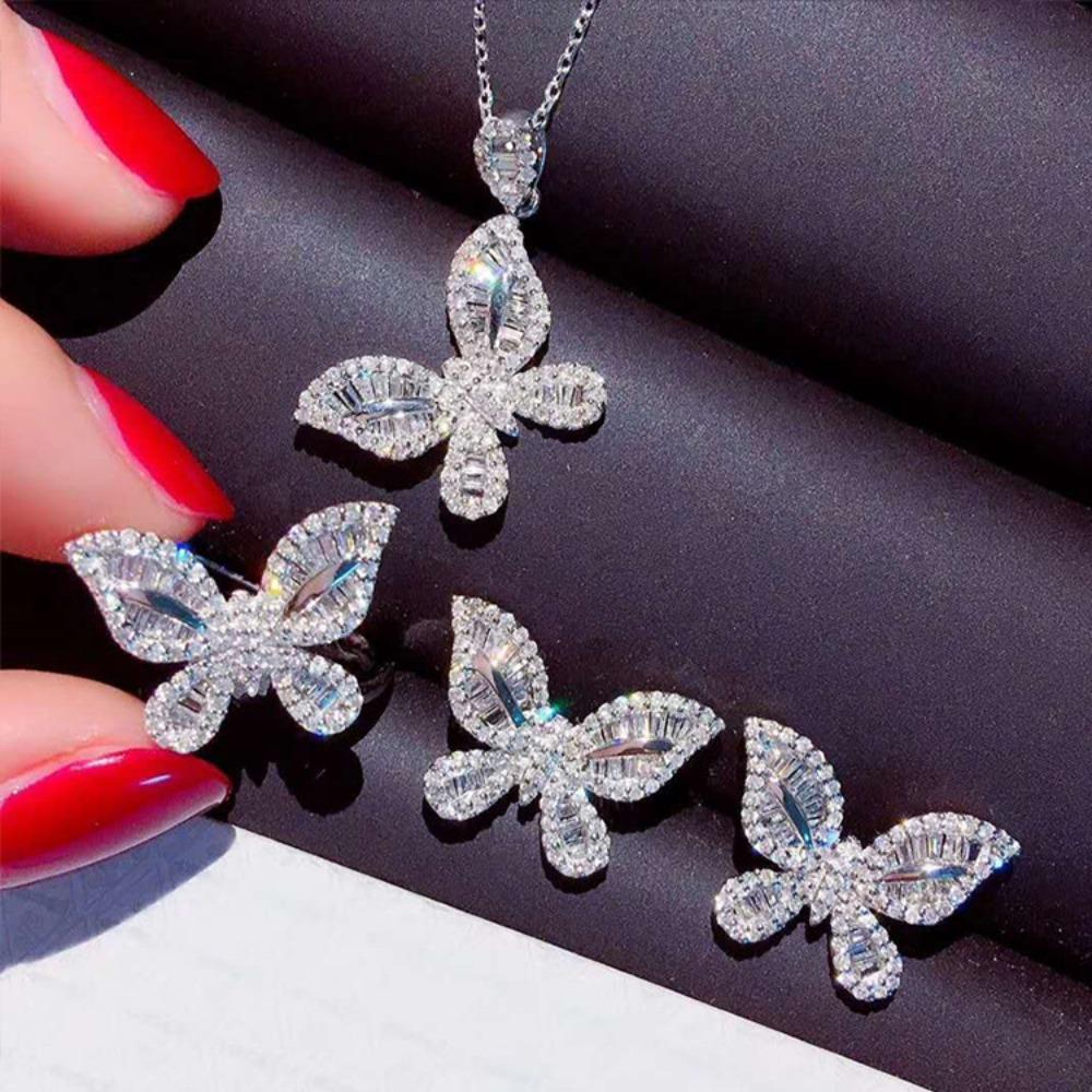 

Fairy Style Women Jewelry Set Full Diamond Platinum Plated Butterfly Pendant Simulated Zircon Ring Earrings Fashion