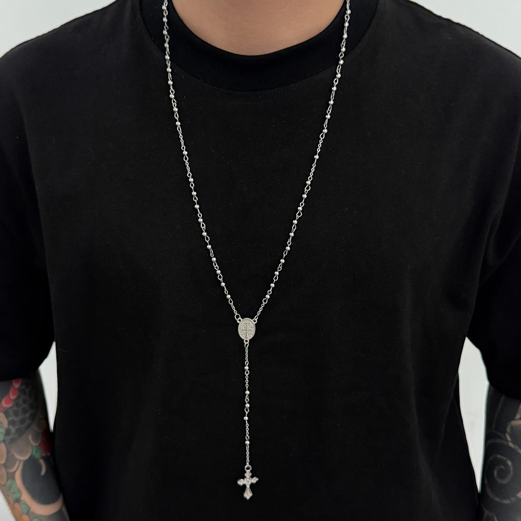 Salircon Hip Hop Punk 3 Styles Stainless Steel Beaded Chain Jesus Cross Pendant Necklace Men Christian Christ Long Chain Jewelry
