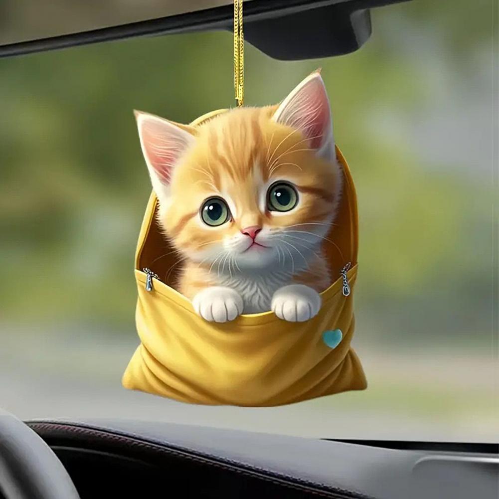 Cat Theme Ornament Cute Acrylic Cat Car Hanging Decoration for Home Office Cartoon Kitten Ornament Pendant for Auto Rearview