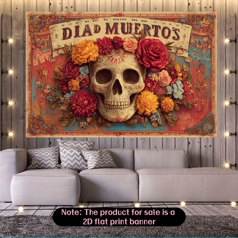 2D flat banner, 1 Mexican Day of the Dead background banner - vibrant flower and skull design