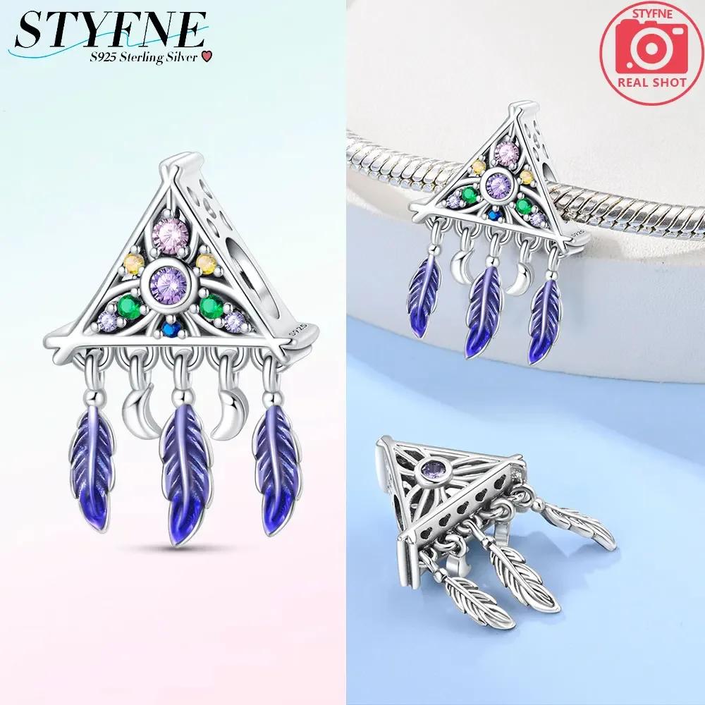 Charm Copper Original Dream Catcher Feather Pendant Purple Colorful Moon Design Bead Fit Bracelet Women Jewelry Diy
