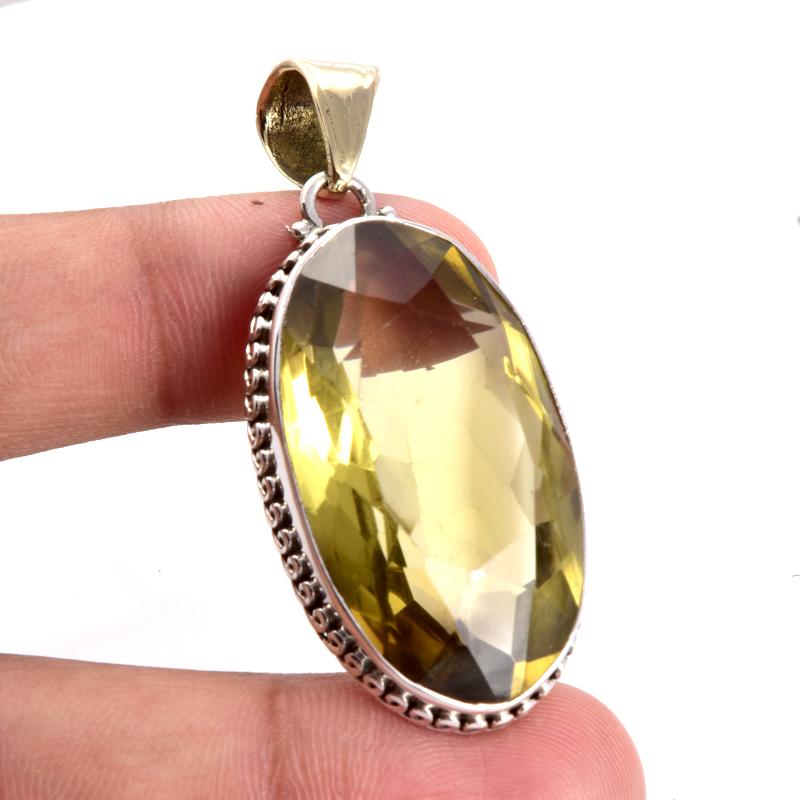 Natürlicher Zitronenquarz Edelstein 925 Sterling Silber Geschenk Zweifarbig Anhänger 2'' M9H78