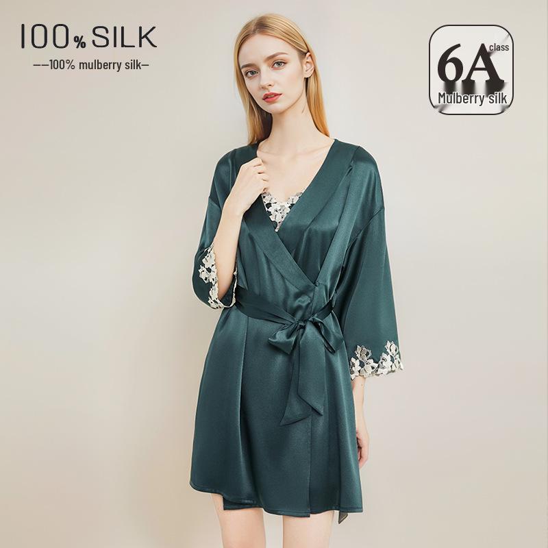 Cross 19 Momme Heavy Silk Women's Nightgown & Robe - 100% Mulberry Silk for Spring & Autumn