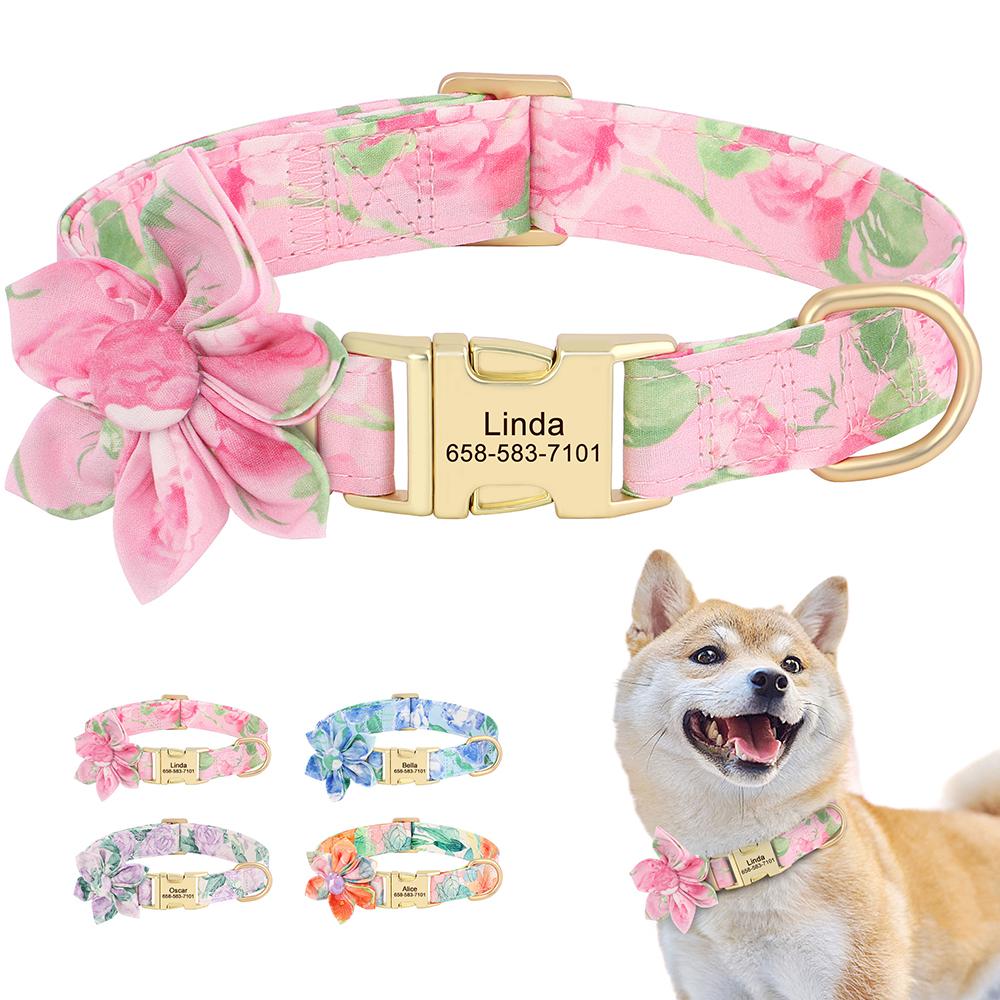 Customized Dog Collar Nylon Print Pet Dog Collars Personalized Pet ID Necklace With Cute Flower For Small Medium Large Dogs Pug