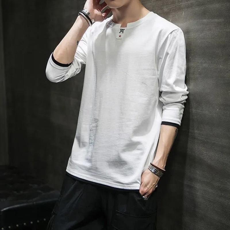 Autumn Men's New Spliced Pullover O-Neck Letter Fashion Solid Color Loose Versatile Minimalist Casual Long Sleeved Tops