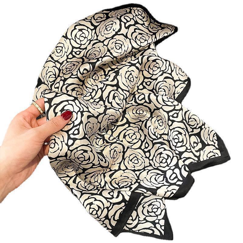 100% Pure Silk Square Scarf Women Black White Camellia Print 68x68cm Lightweight Elegant Wrap Office Casual Wear
