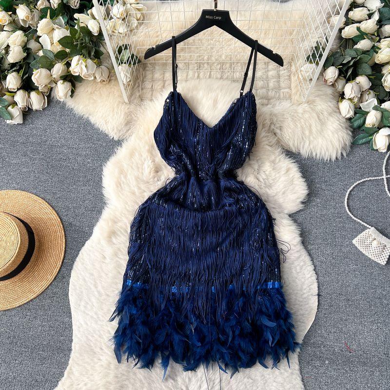 Feather Dress Ins Open Back Sling Tassel Sequins