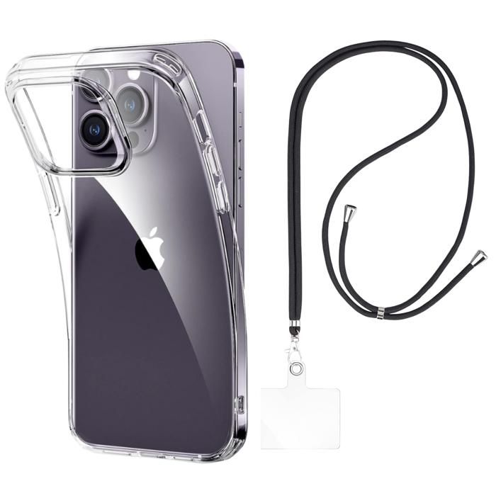 Coque et tour de cou pour iPhone 16 PRO - TPU Souple Transparent Cordon Noir réglable Phonillico®