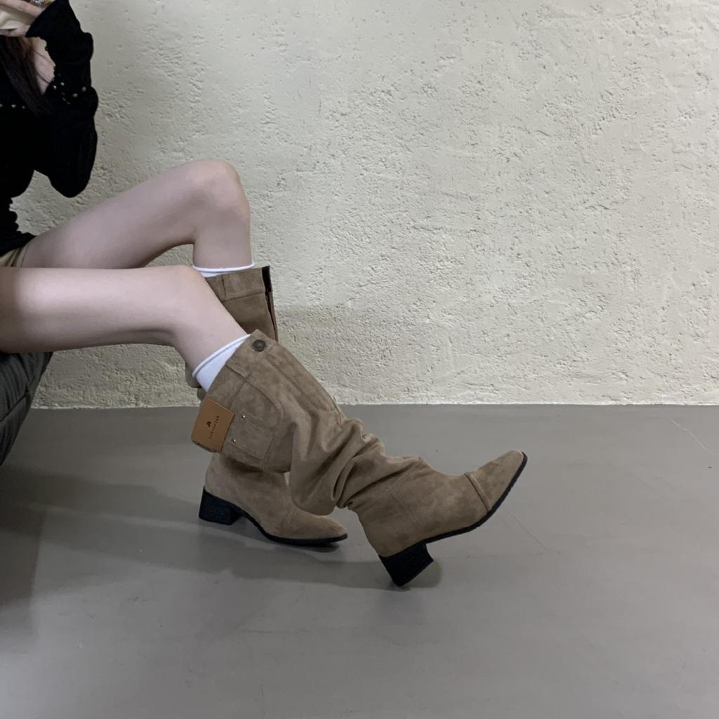 2025 New Autumn and Winter Pleated Piled Boots Round Head Thick Heel Suede Two Wear Knight Women's Boots