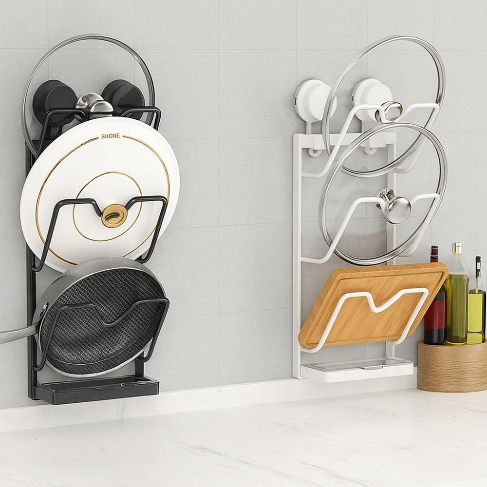 Wall Mounted Pot Lids Holder Punch Free Cookware Storage Shelf Suction Cup Pot Lid Rack  for Home