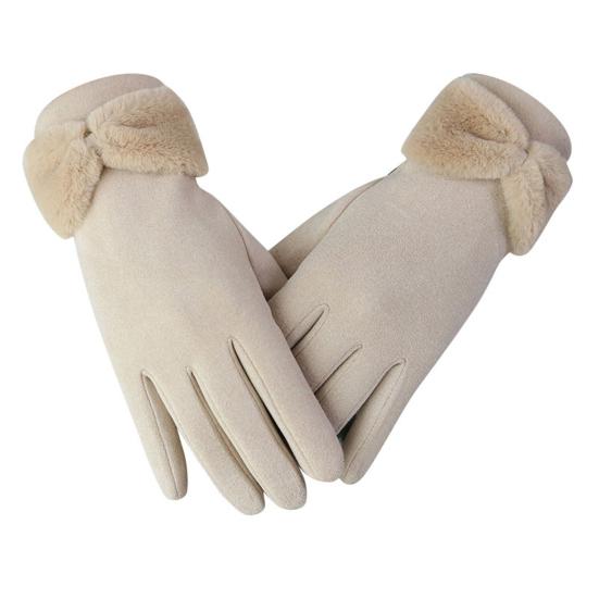 1 Pair Bowknot Decor Thickened Solid Color Women Gloves Autumn Winter Double-sided Fleece Touch Screen Driving Gloves