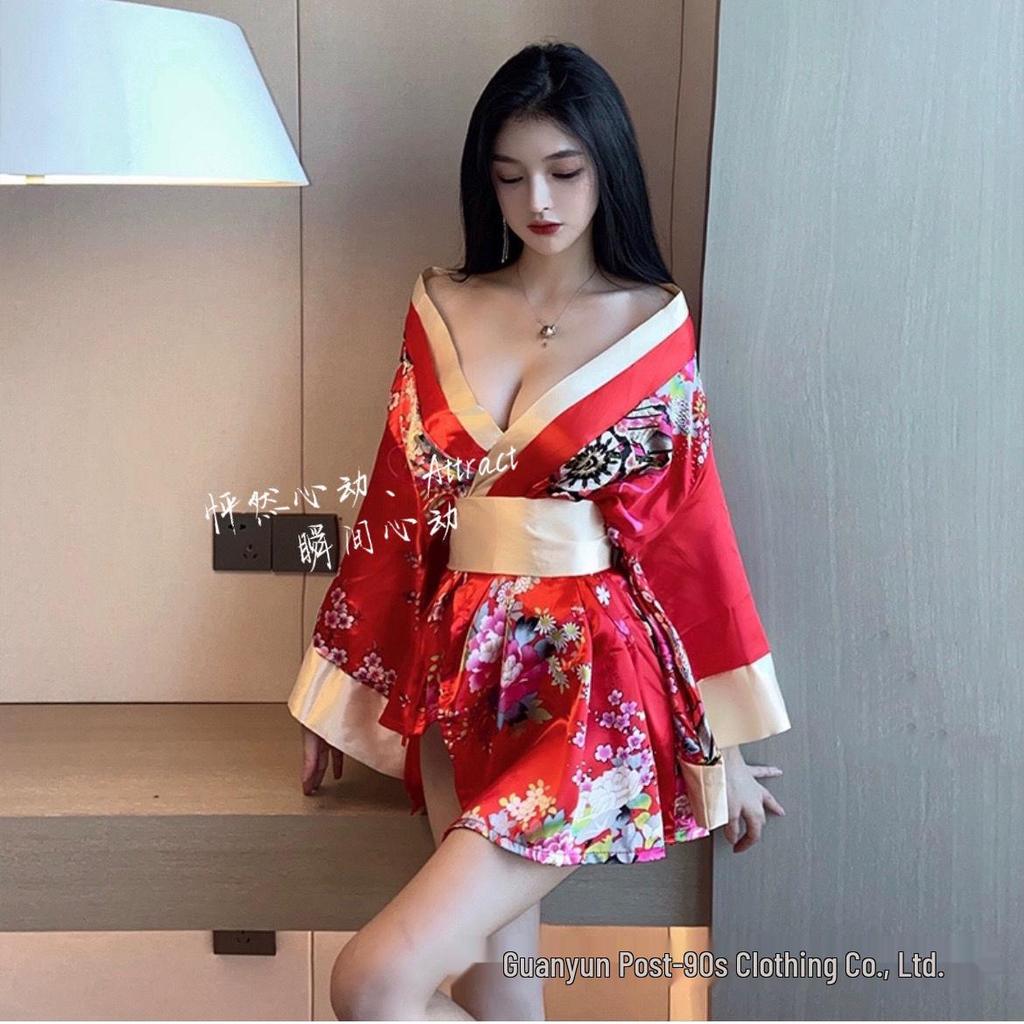 Seductive Geisha Kimono Lingerie: Deep V Nightgown for Women