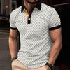 Modern Zip-up Short Sleeve Polo Shirt, Houndstooth Pattern for Versatile Casual Look