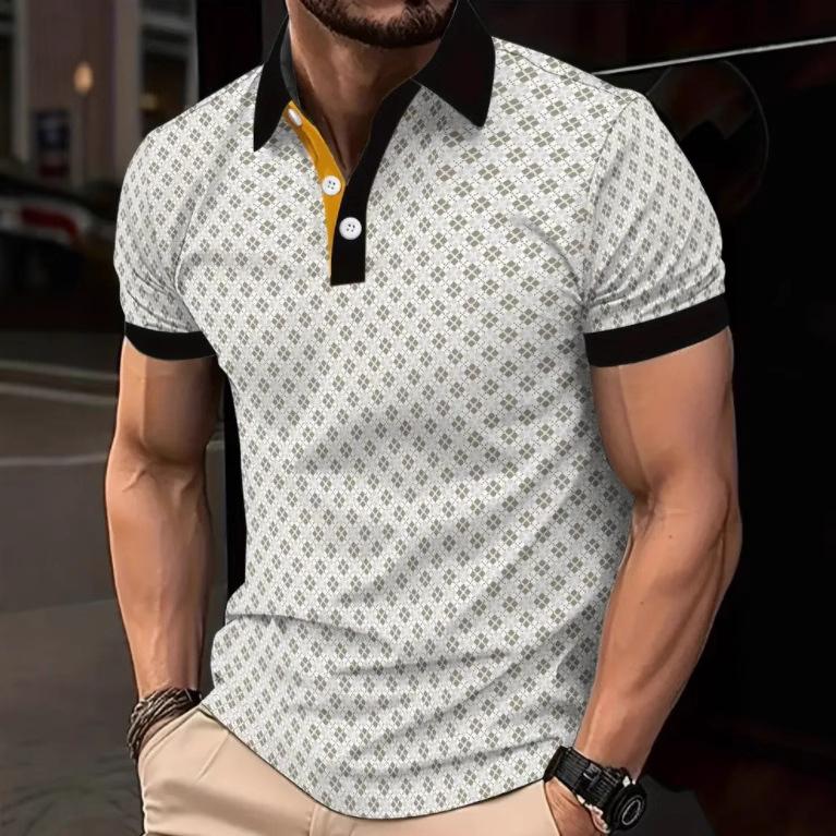 Modern Zip-up Short Sleeve Polo Shirt, Houndstooth Pattern for Versatile Casual Look