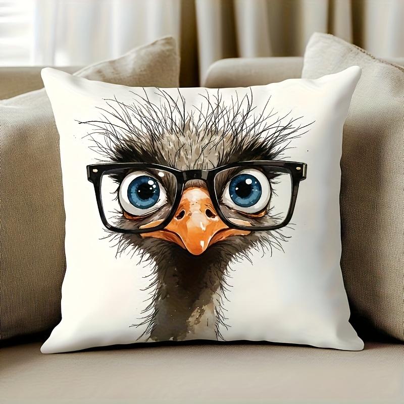 Pandara Jewelry Unisex 1Pc Cute Ostrich Wearing Glasses Printed Throw Pillow Cover,Suitable For Sofa,Bedroom,Livingroom,A Unique Gift For Animal Lovers