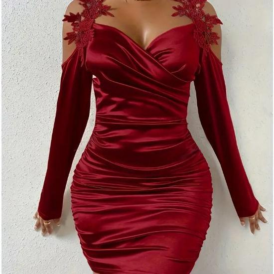 2025 Elegant Lace Satin Bodycon Dress with Pleated Skirt for Spring and Autumn