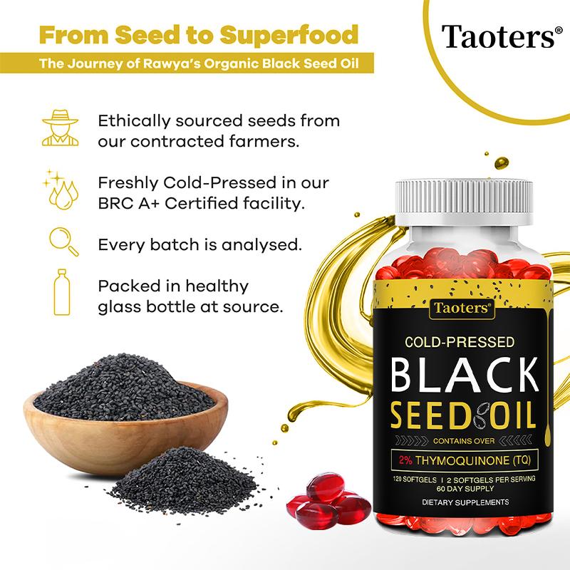 Taoters Cold Pressed Black Seed Oil Soft Capsules Black Seed Oil Hair and Skin Care 120 Capsules