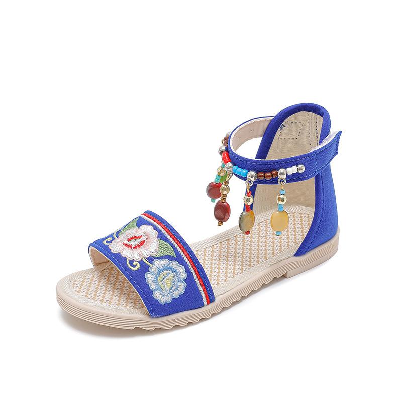 New Girls' Sandals Summer New Versatile Ethnic Style Princess Shoes, Big Children's Tassel Soft Sole Student Roman Shoes Flat