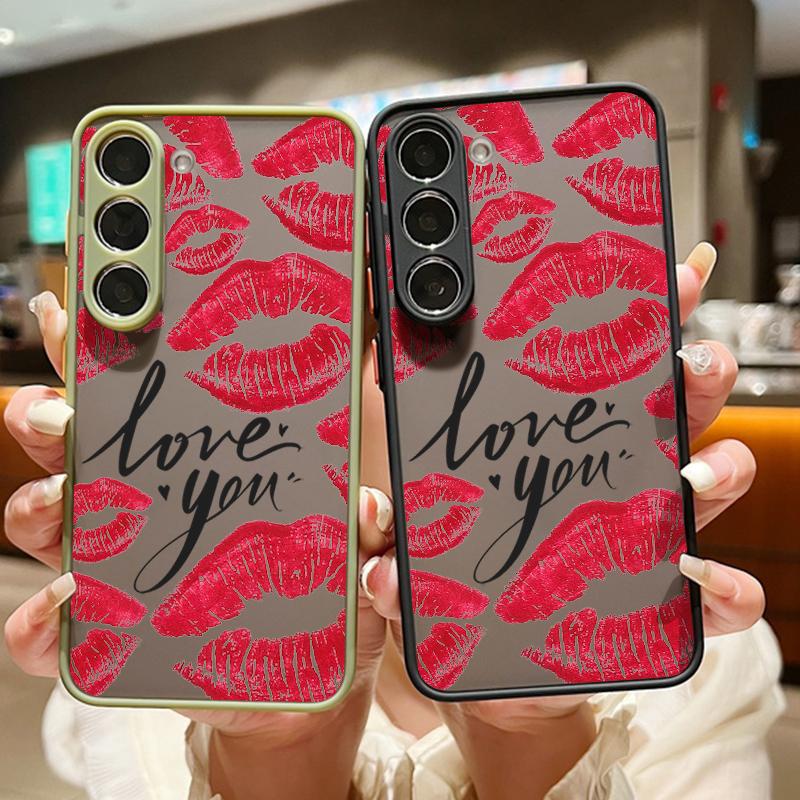 Rote Lippen Muster Slim Stoßfest Matte Hülle Für Samsung S25 Ultra S24 FE S23 S22 A16 A56 A55 A36 A26 A15 A35 Linsenschutz Transparente Handyhülle