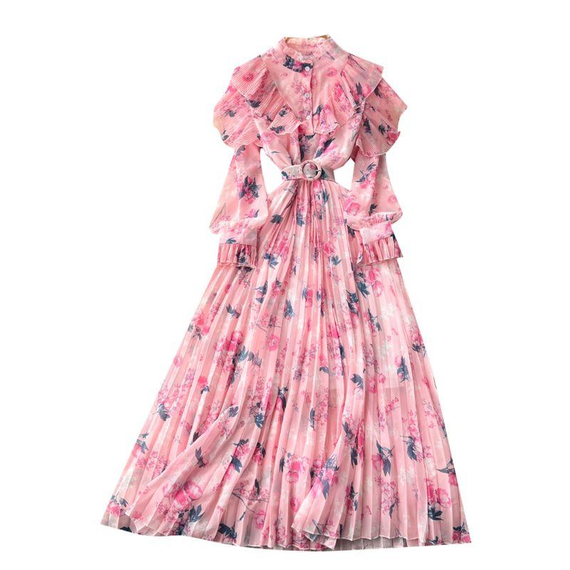 French Style Fancy Print Chiffon Dress Women's Ruffles Patchwork Waist-Slimming Slim Looking Elegant Elegance Pleated Dress