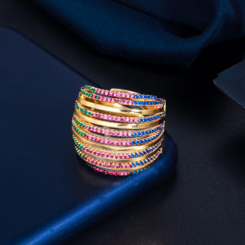 Sparkling Diamond Micro-Inlaid Colored Zircon Women'S Ring, Electroplated Real Gold Ring, Customized Jewelry With Pictures And Samples.